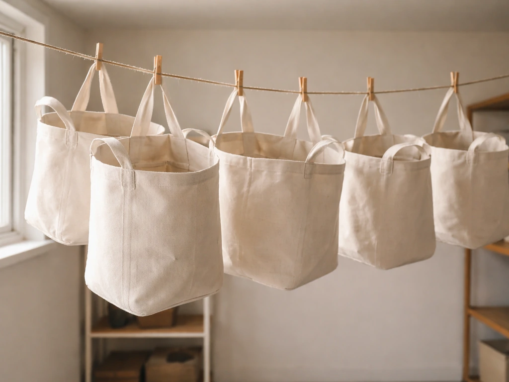 Fabric grow bags hanging in a warm, well-ventilated room, fully spread and dry, with gentle airflow