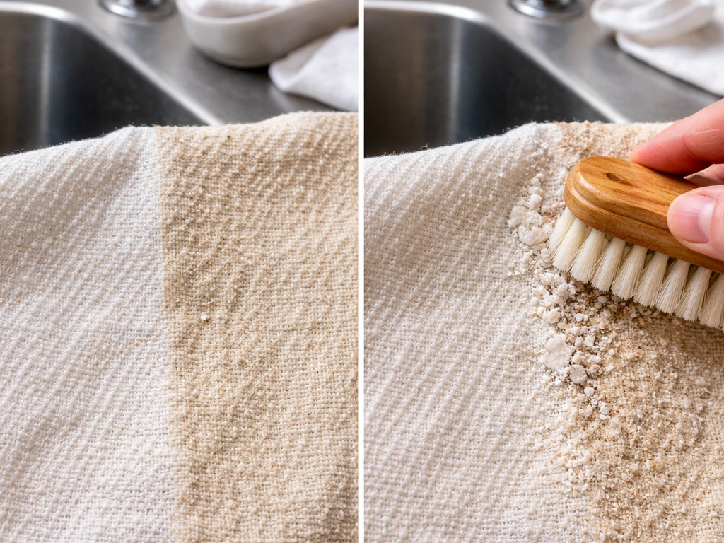 Close-up fabric before/after: scrubbed mineral residue removed on one side, tan crust remains on the other.