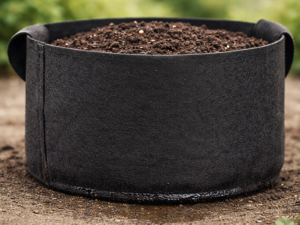 Fabric grow bag with slight damp weeping at the base while soil stays contained, no runoff visible away.