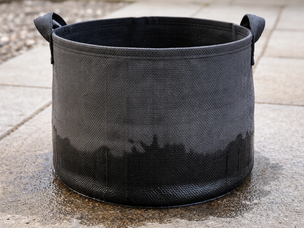 Fabric grow bag with a damp patch spreading across the bottom, showing normal weeping moisture.
