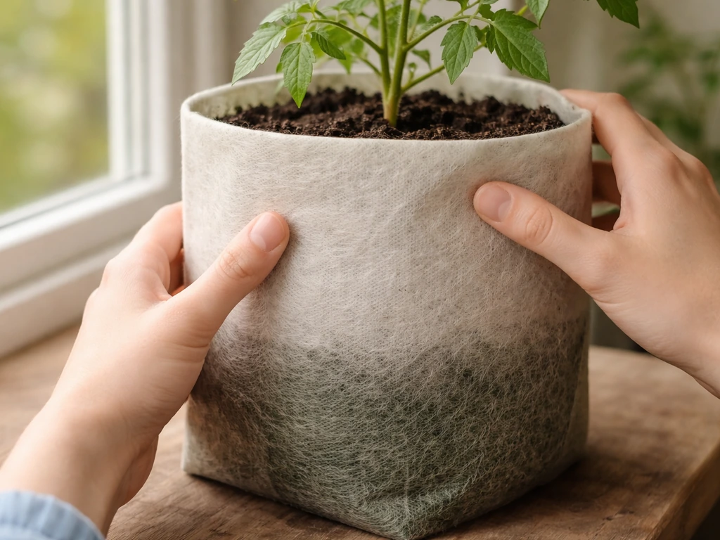 Hands feeling along a plant grow bag to check where the lower section is damp.