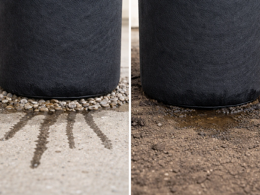 Minimal photo of a fabric grow bag on soil with visible drainage runoff paths and a waterlogged base contrast