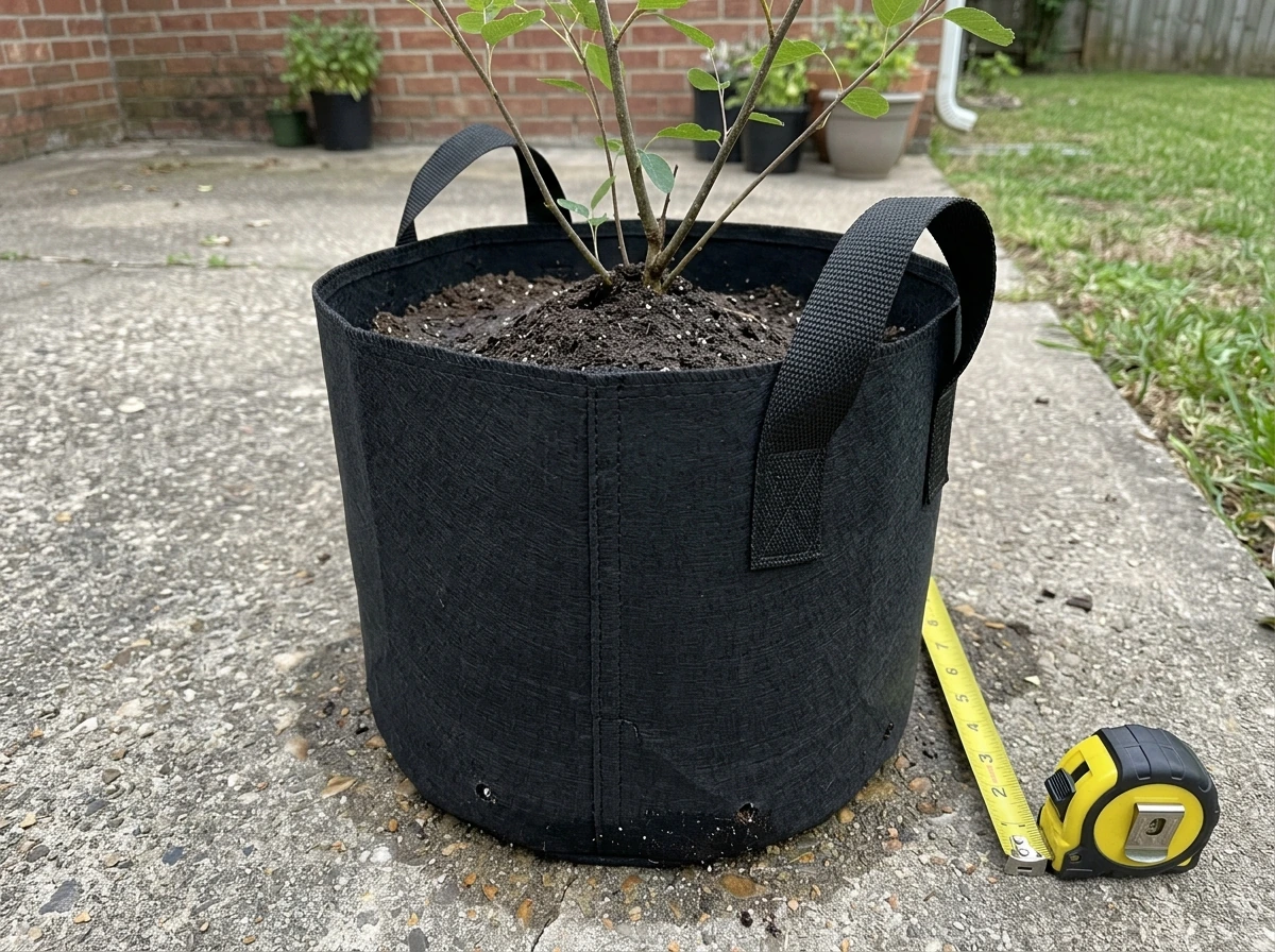 Large shrub or young tree in a heavy-duty handled grow bag with wet soil