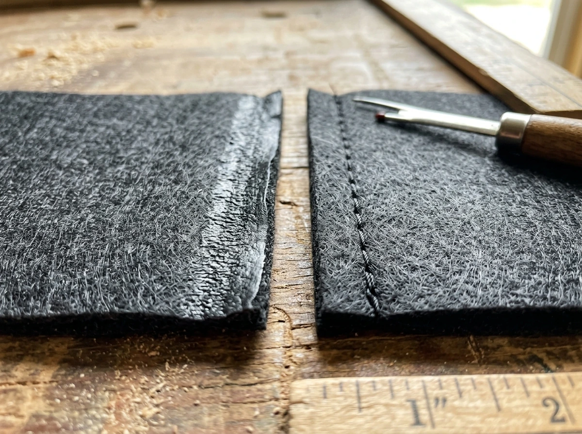 Side-by-side view of felt grow bag seams showing different construction methods