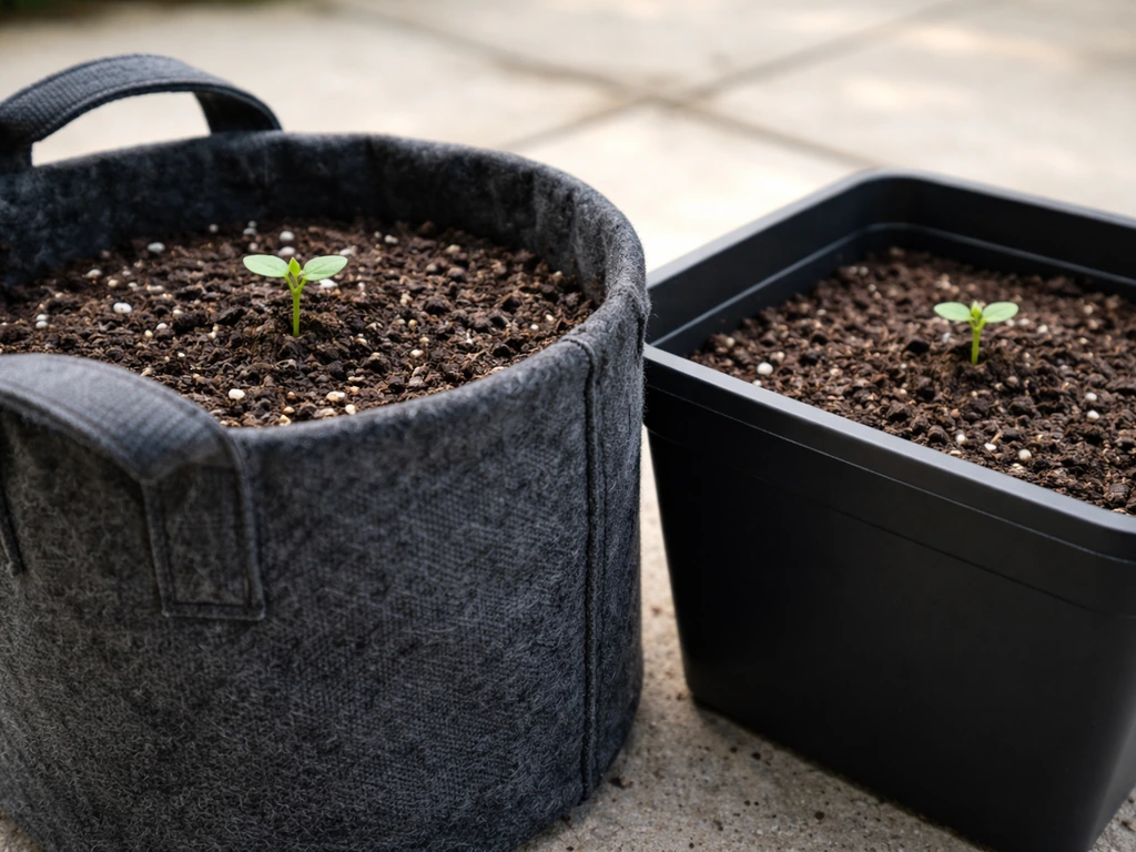 Fabric grow bag beside rigid plastic container with visible fabric texture and soil around a seedling.