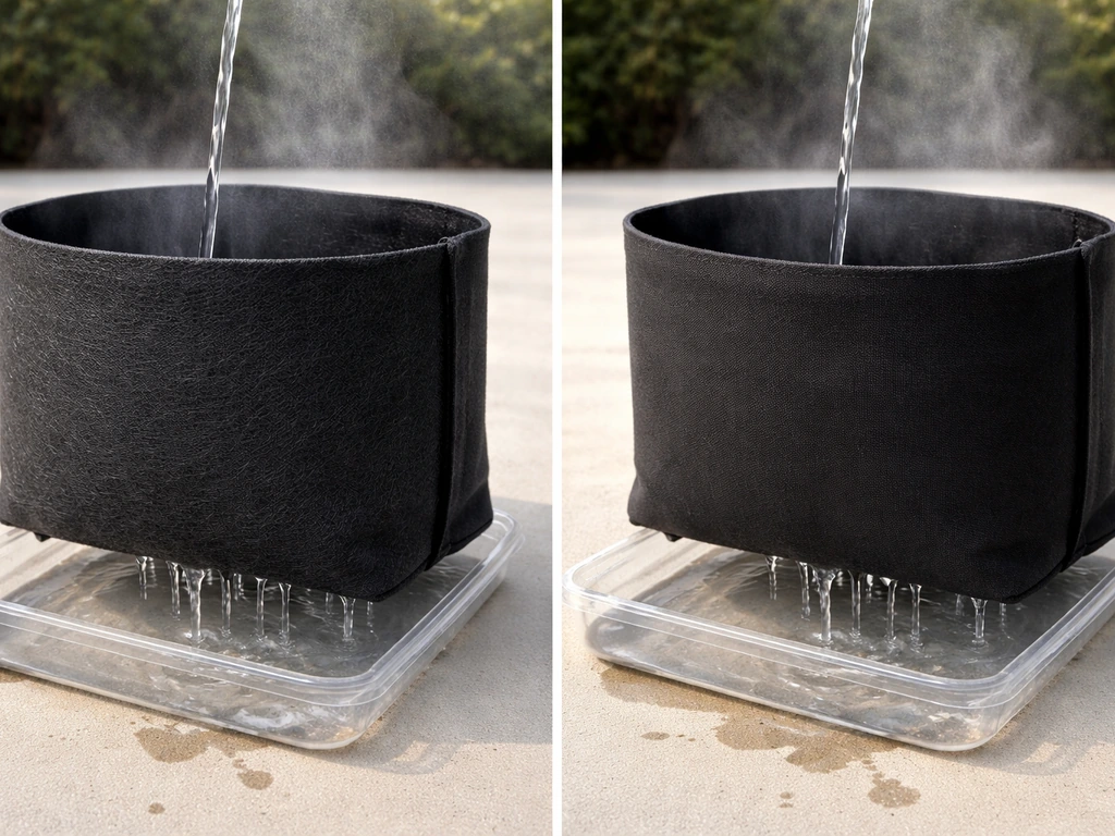 Two grow bags made of different fabrics showing water draining and fabric aeration in natural light.