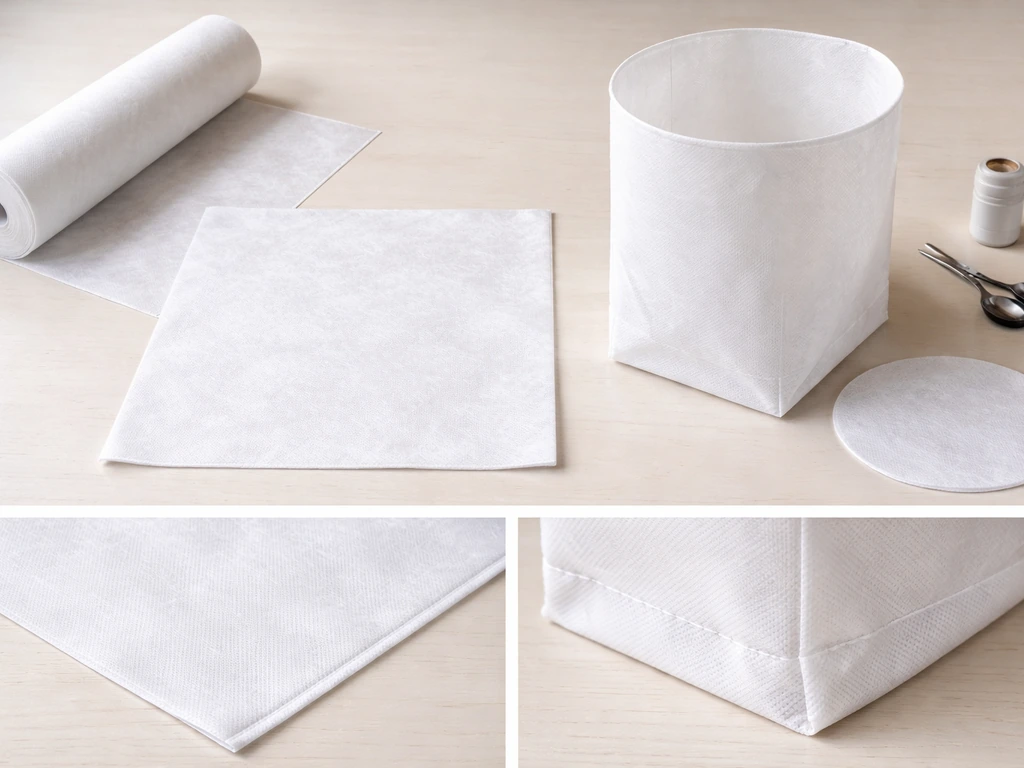 DIY fabric organizer pattern on a workbench showing cut panel and bottom corner fold with stitching.