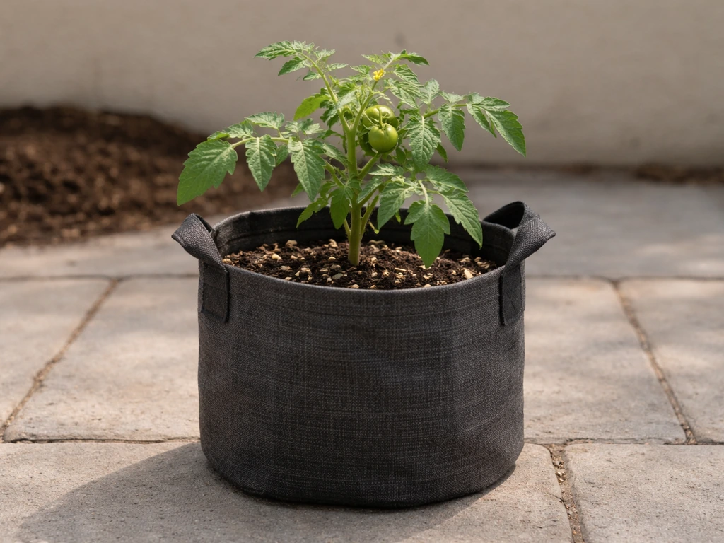 Tomato plant growing in a properly sized fabric grow bag on a patio, minimal background, natural light.