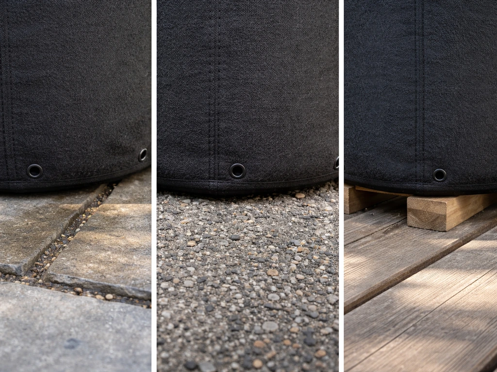 Close-up of fabric grow bags on patio slabs, concrete, and decking; one bag slightly elevated for airflow.