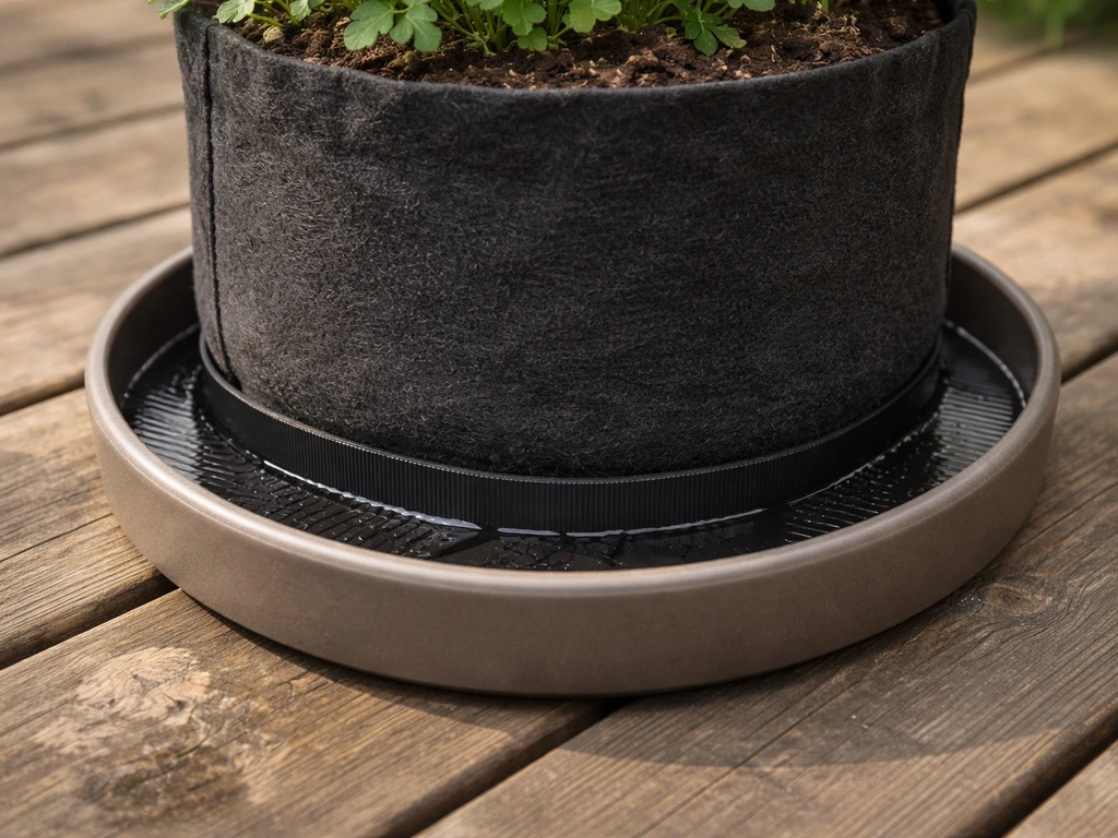 Grow bag on a deck with a tray and drainage liner underneath, catching runoff without pooling.