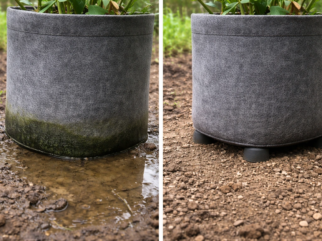 Grow bag base sitting in standing water, with an elevated setup showing proper drainage