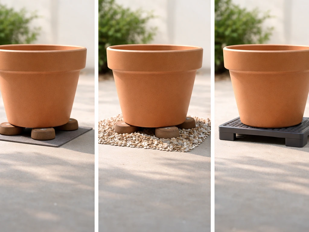 Side-by-side photo of pot feet on hard surface, gravel bed, and a raised base with airflow gap.
