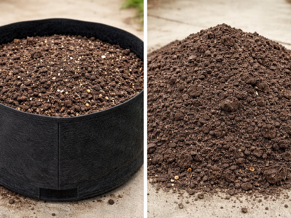 Side-by-side grow bag with loose soil mix and a raised-bed soil pile showing texture and drainage.