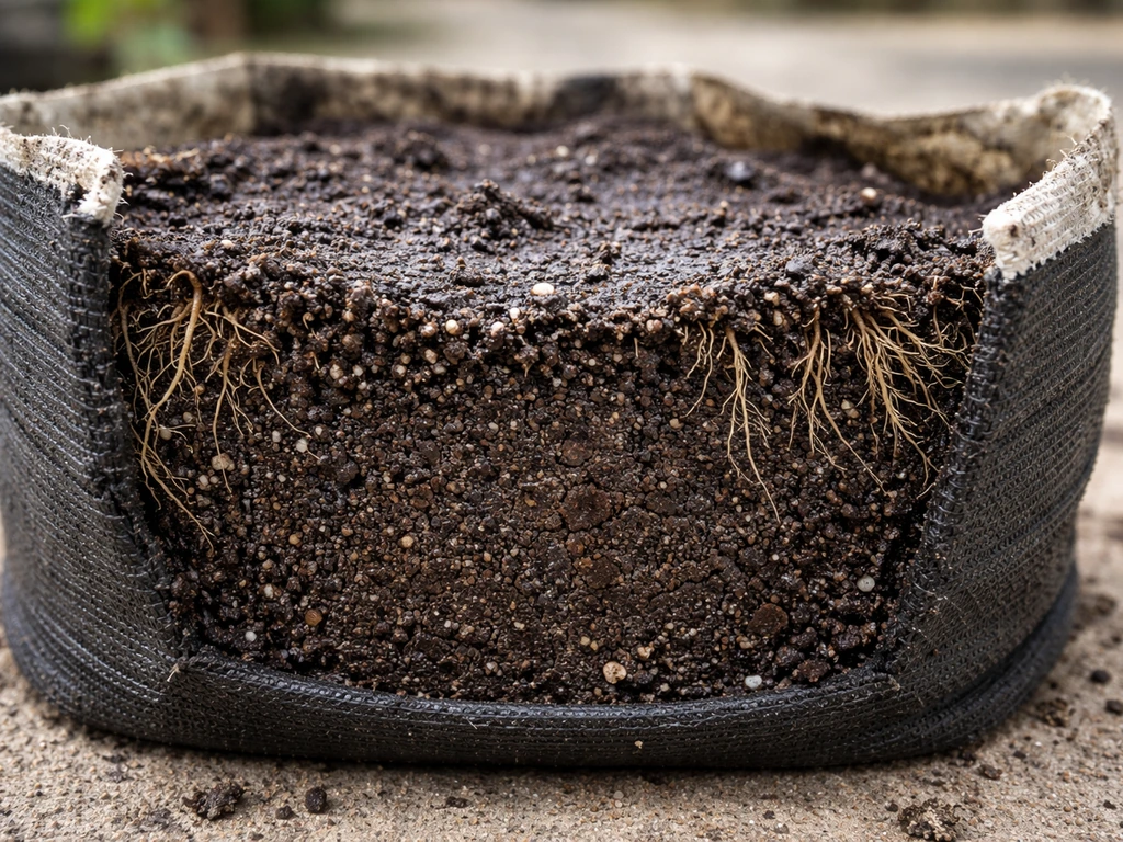 Close-up of a grow bag showing compacted soil with roots trapped against a dense layer.