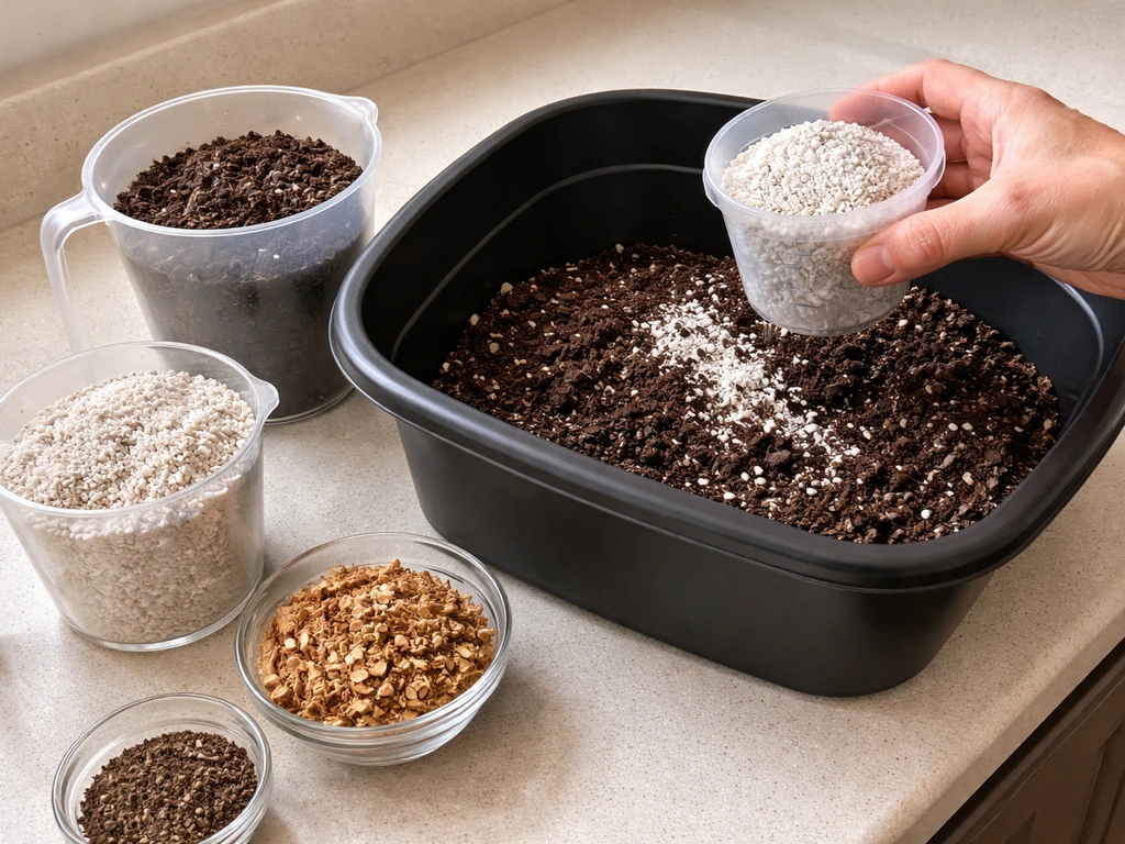 Measuring cups with potting mix, perlite, and amendments ready to mix into a grow-bag soil blend.