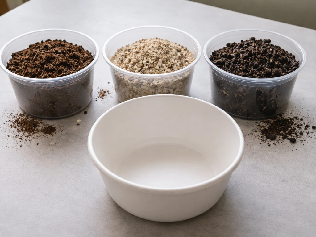 Loose peat moss, vermiculite/perlite, and compost in tubs beside an empty bowl/bucket ready to mix.