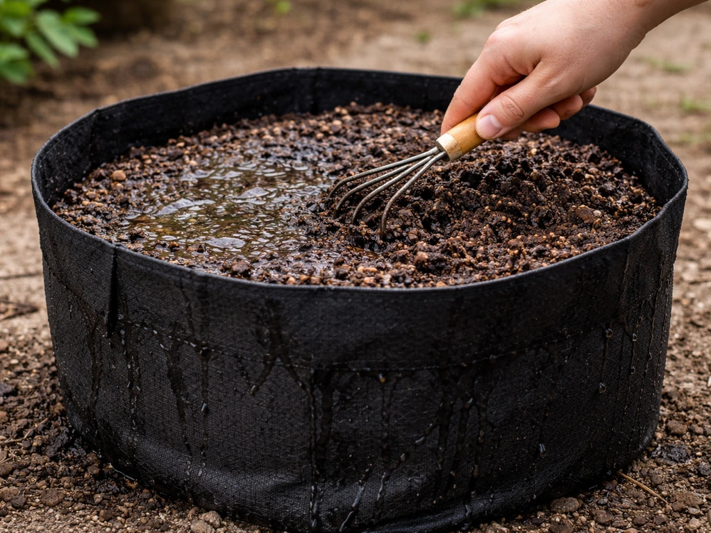 Hand gently loosens the top of a grow bag while water soaks through the fabric sides.