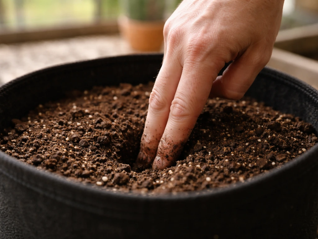 Anonymous gardener fingers testing moisture 2 inches deep in soil inside a fabric grow bag.
