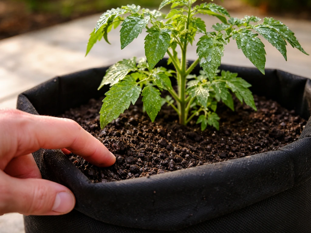 Morning tomato grow bag with a perky plant; finger test shows cool, damp soil, suggesting you can wait