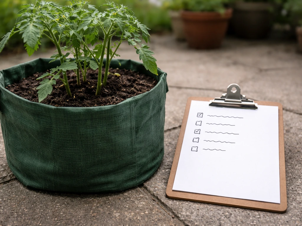 Outdoor grow bag with a simple watering checklist on a clipboard beside it