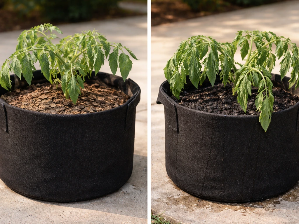 Two fabric grow bags side by side: one visibly dry with morning wilt, the other soggy and drooping.