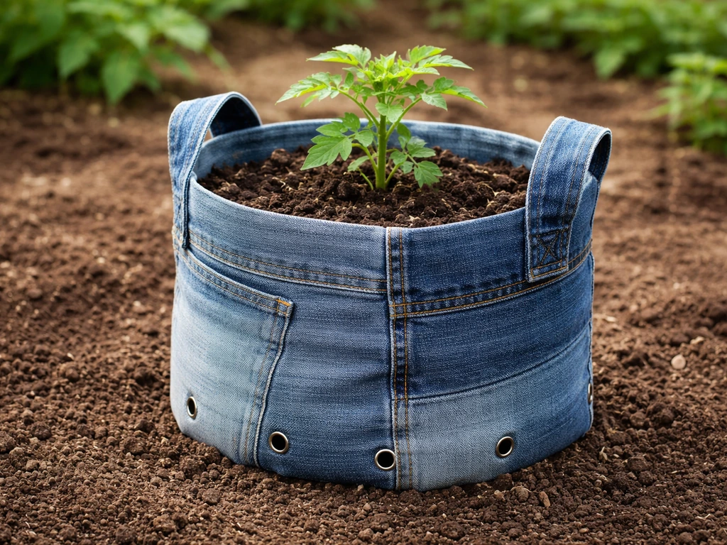 Upcycled denim grow bag in a garden, filled with soil with visible drainage holes and roots area.