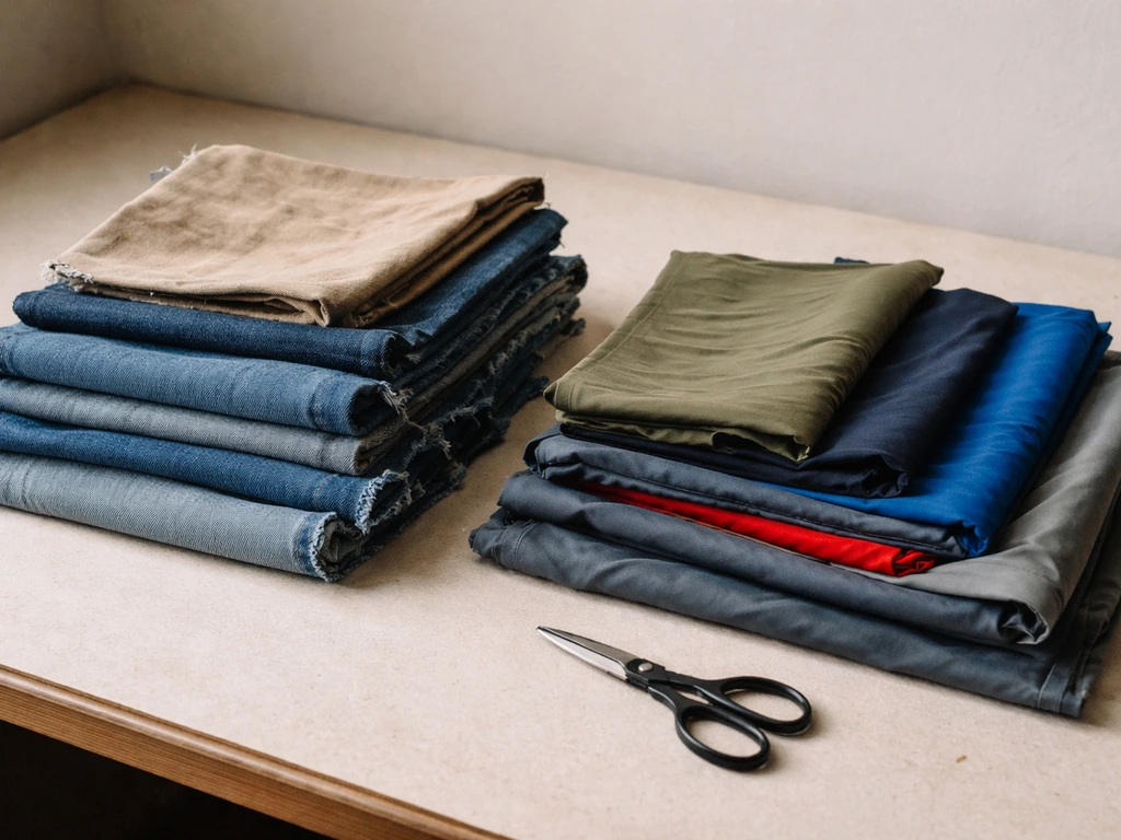 Assorted old fabric scraps laid on a table, showing denim/canvas versus smooth synthetic textures.