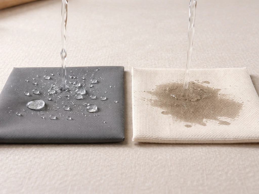 Side-by-side fabric swatches showing water beading on synthetic and faster soaking in cotton/canvas.
