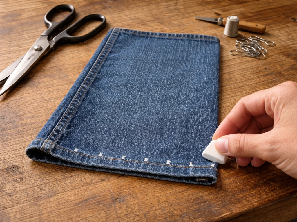 Denim fabric cut for a grow bag on a workbench, with chalk markings for drainage holes.