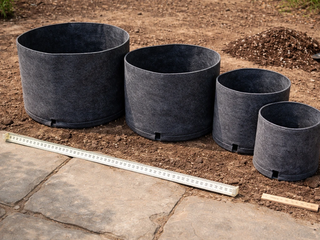 Several grow bags of different sizes on soil mix, with a measuring tape showing depth and drainage holes