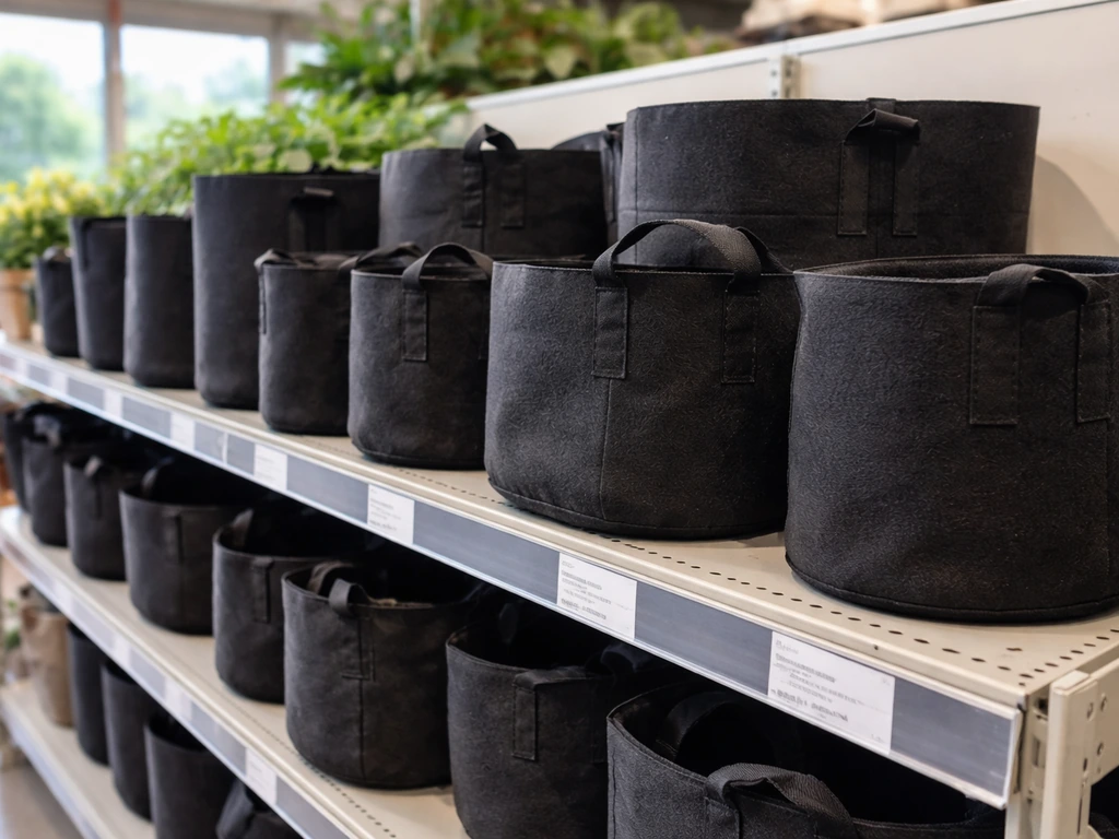 Fabric grow bags displayed on shelving in a home improvement store garden center, with blurred price tags.