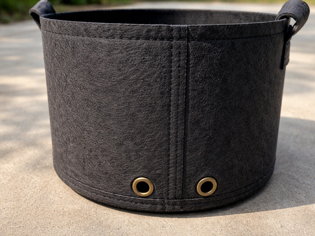 Close-up of thick nonwoven grow bag fabric with visible stitching and drainage grommets
