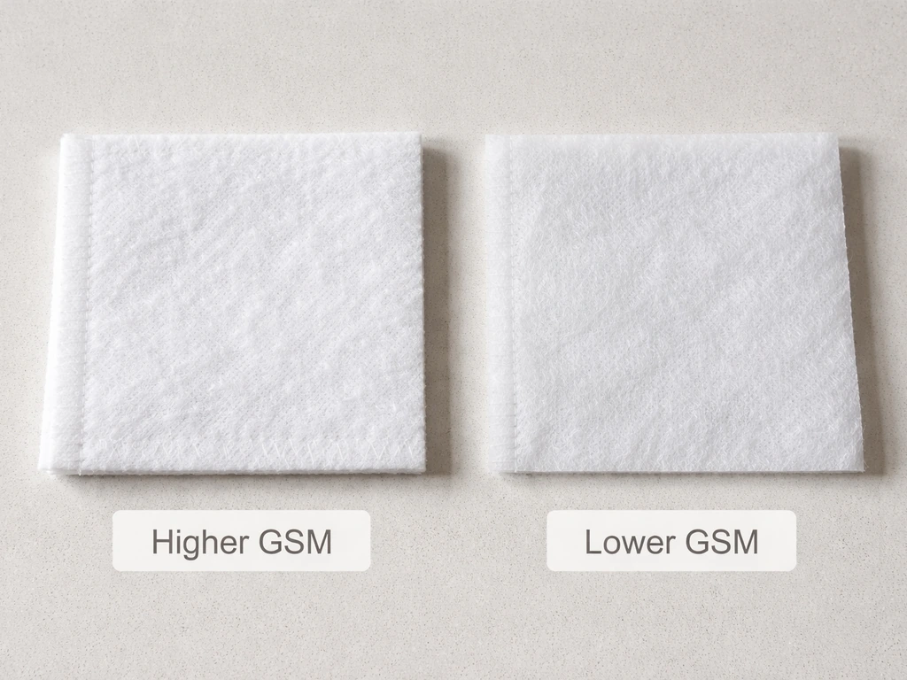 Side-by-side thick vs thin nonwoven grow bag material swatches on a tabletop, showing density difference.