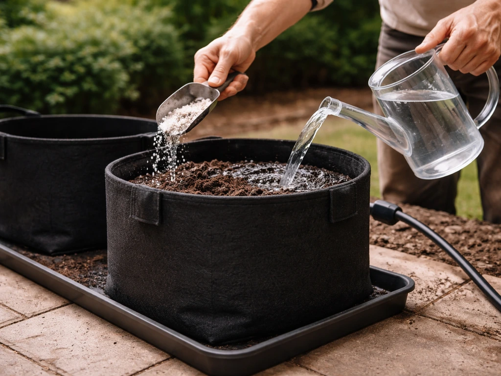 Hands filling a fabric grow bag with potting mix and perlite, watering and a simple drip setup nearby.