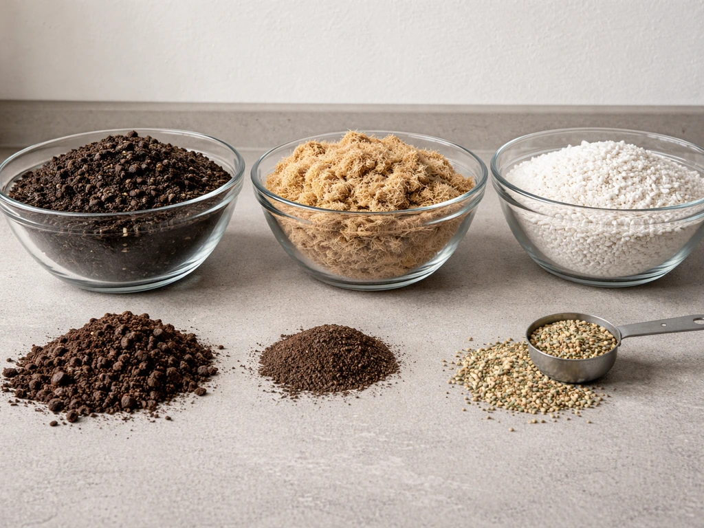 Clear glass bowls with potting mix, coco coir, perlite plus compost and worm castings for DIY grow-bag mix.