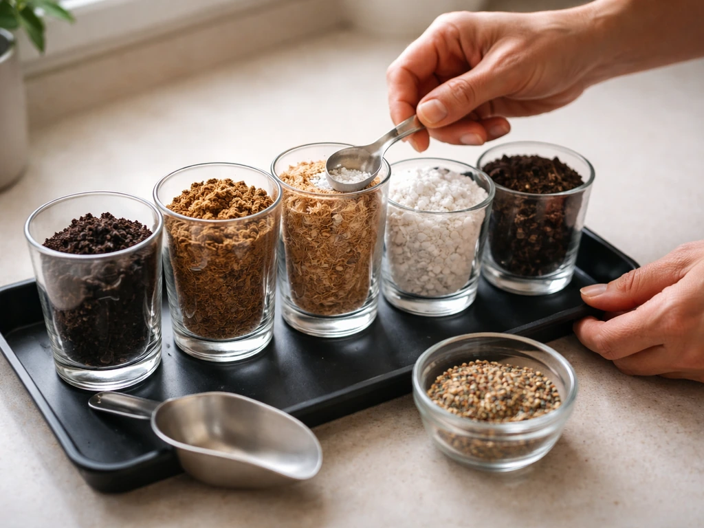 Minimal overhead shot of measured ingredients in labeled cups for an upgraded potting mix