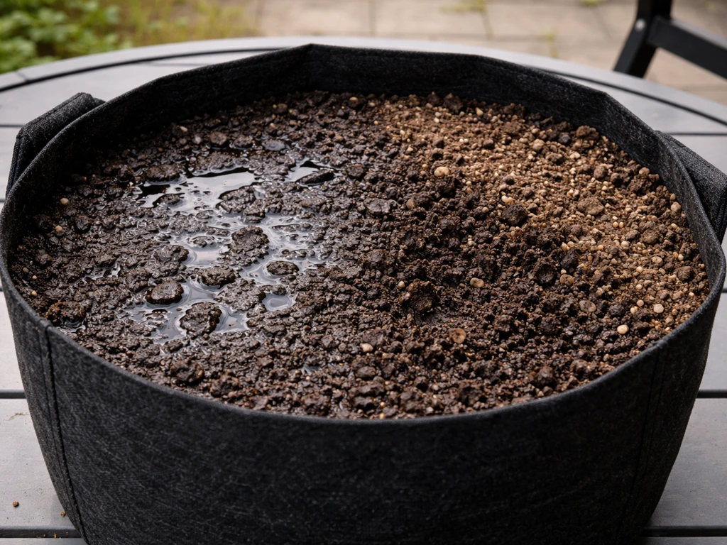Grow bag soil surface compacted with water beading, beside crumbly media that absorbs better.