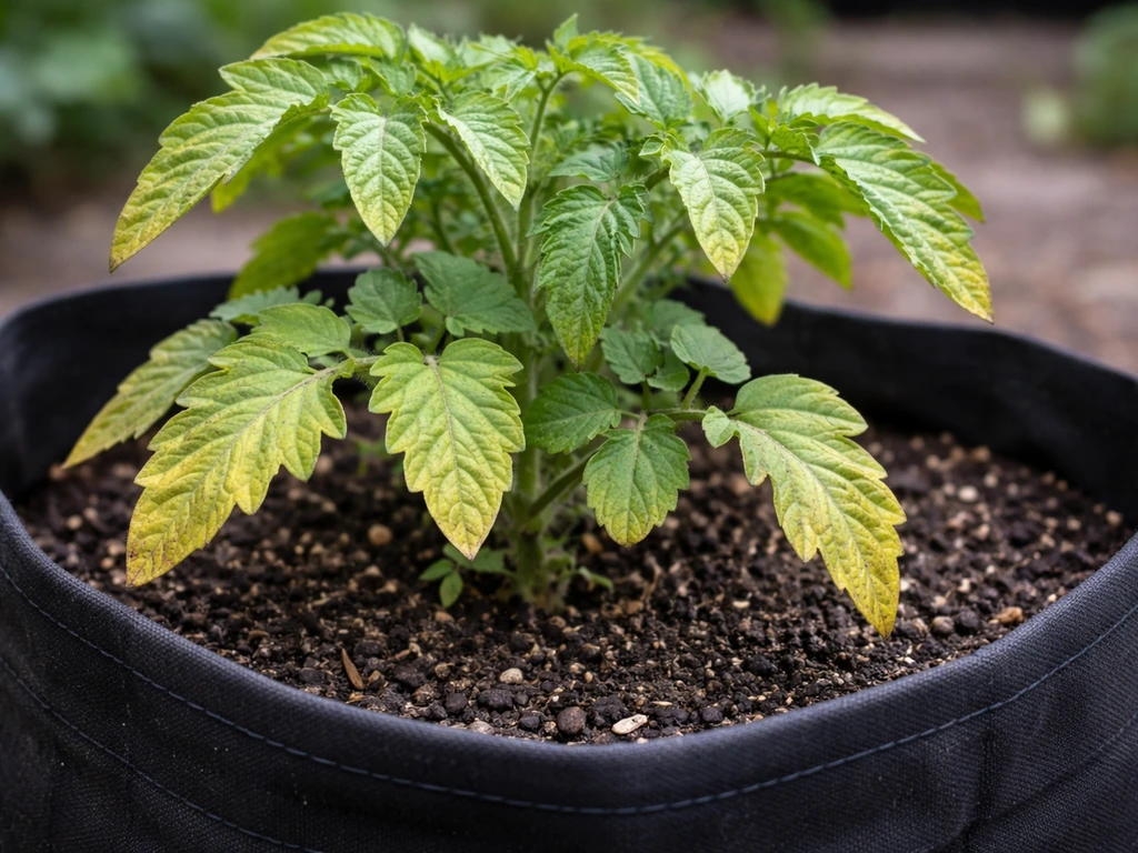 Close-up of yellowing tomato leaves in a grow bag with undisturbed soil surface