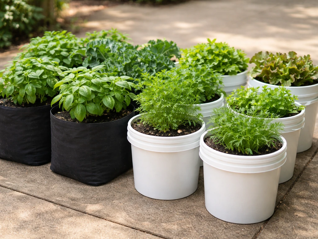 Side-by-side grow bags and buckets filled with thriving green plants in a simple container garden.