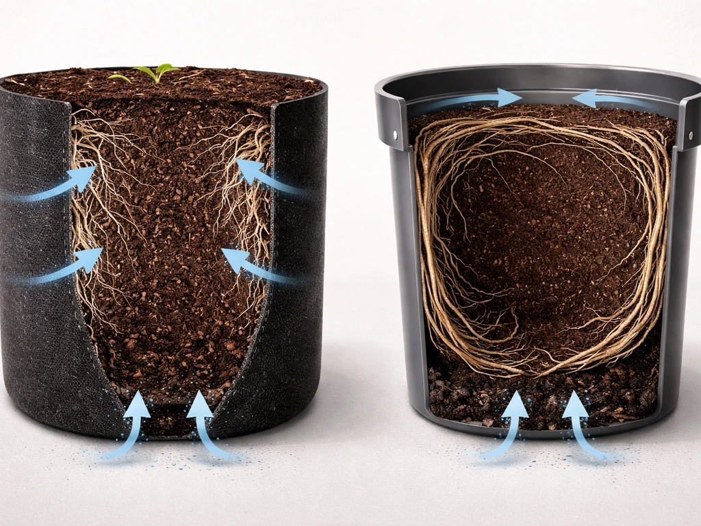 Minimal cutaway-style photo of fabric grow bag root wall vs hard bucket root wall showing air pruning and drainage.