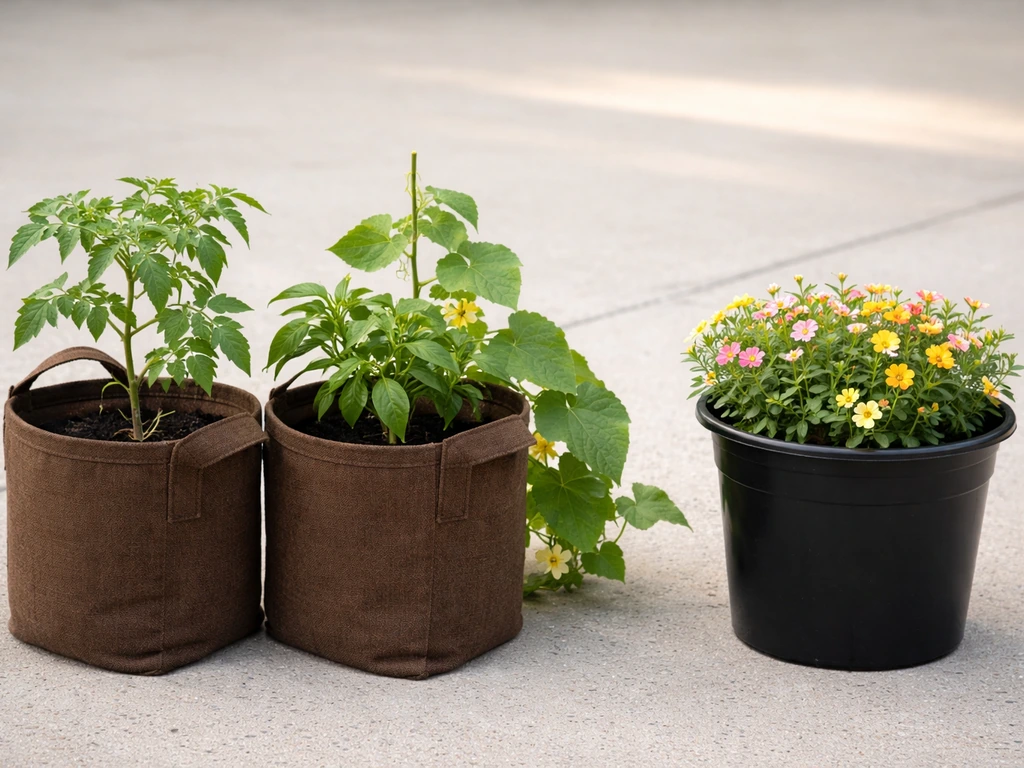 Grow bags with tomato-pepper-cucumber plants beside a bucket with flowering plants for crop-container comparison.