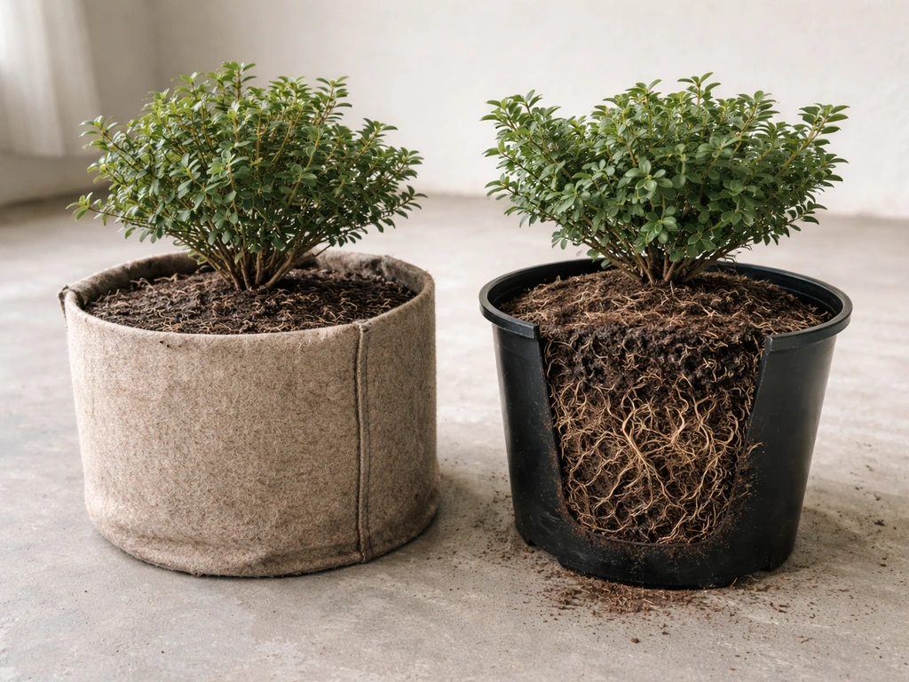 Two small potted plants showing fabric grow bag roots vs a bucket’s tighter root circling