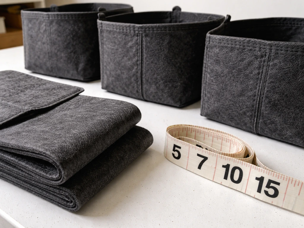 Close-up of nonwoven polypropylene grow bag fabric with a measuring tape showing bag sizes for scale