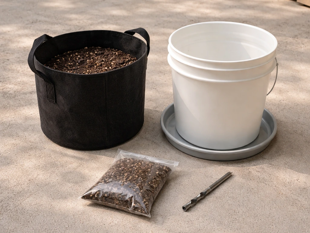 Home gardener staging a fabric grow bag, HDPE bucket, drill bit, and drip tray as a starting kit