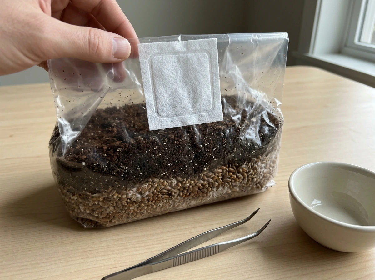All-in-one grow bag components laid out—filter patch, grain spawn, and bulk substrate