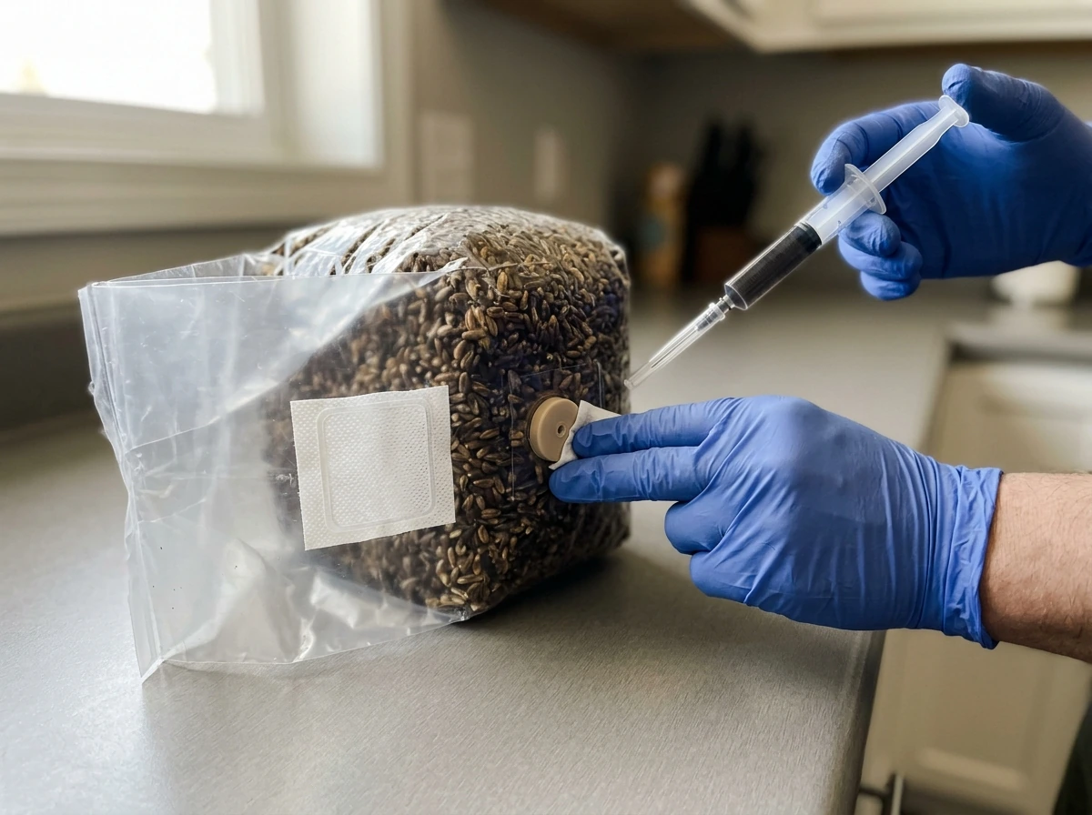 Inoculating port process—alcohol swab and syringe near the injection port