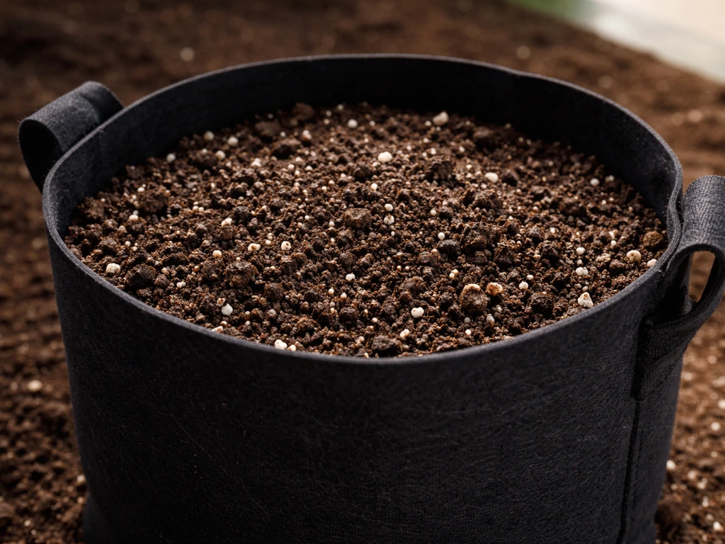 Close view of a fabric tomato/pepper grow bag showing coarse, well-draining potting mix texture.