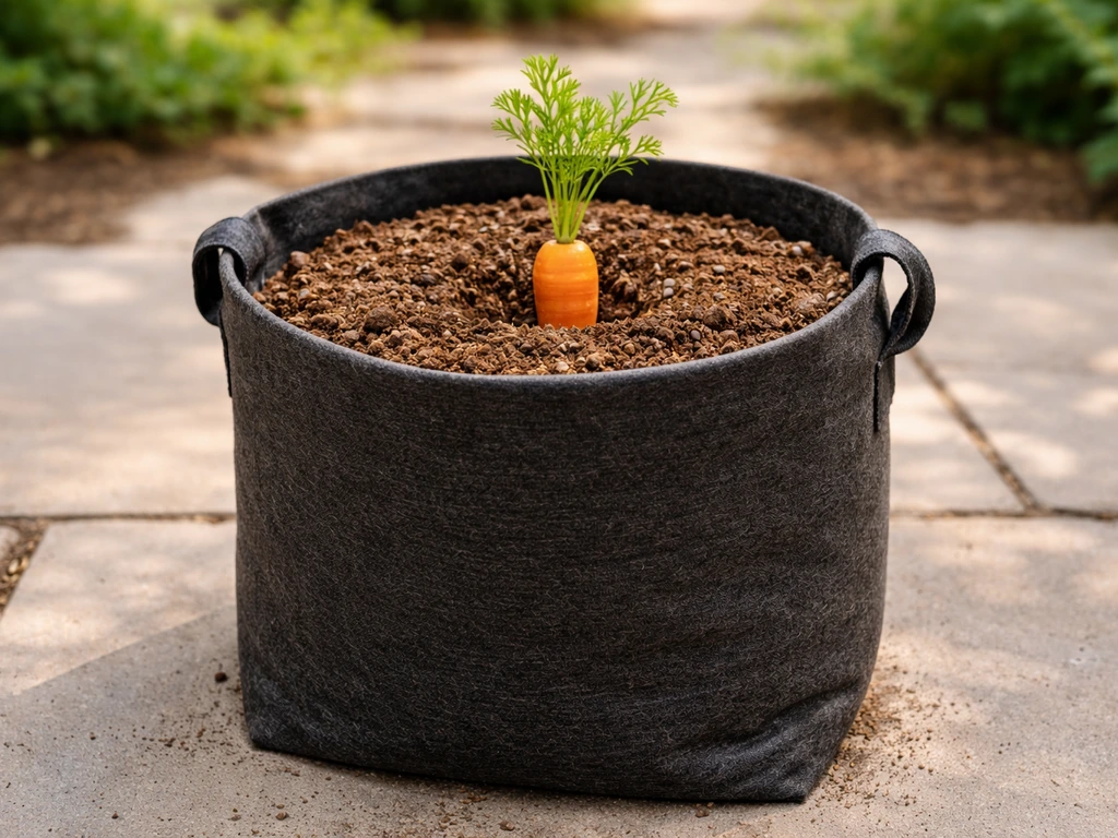 Carrot planting in an upright fabric grow bag with fluffy coco-coir/compost-like mix visible.