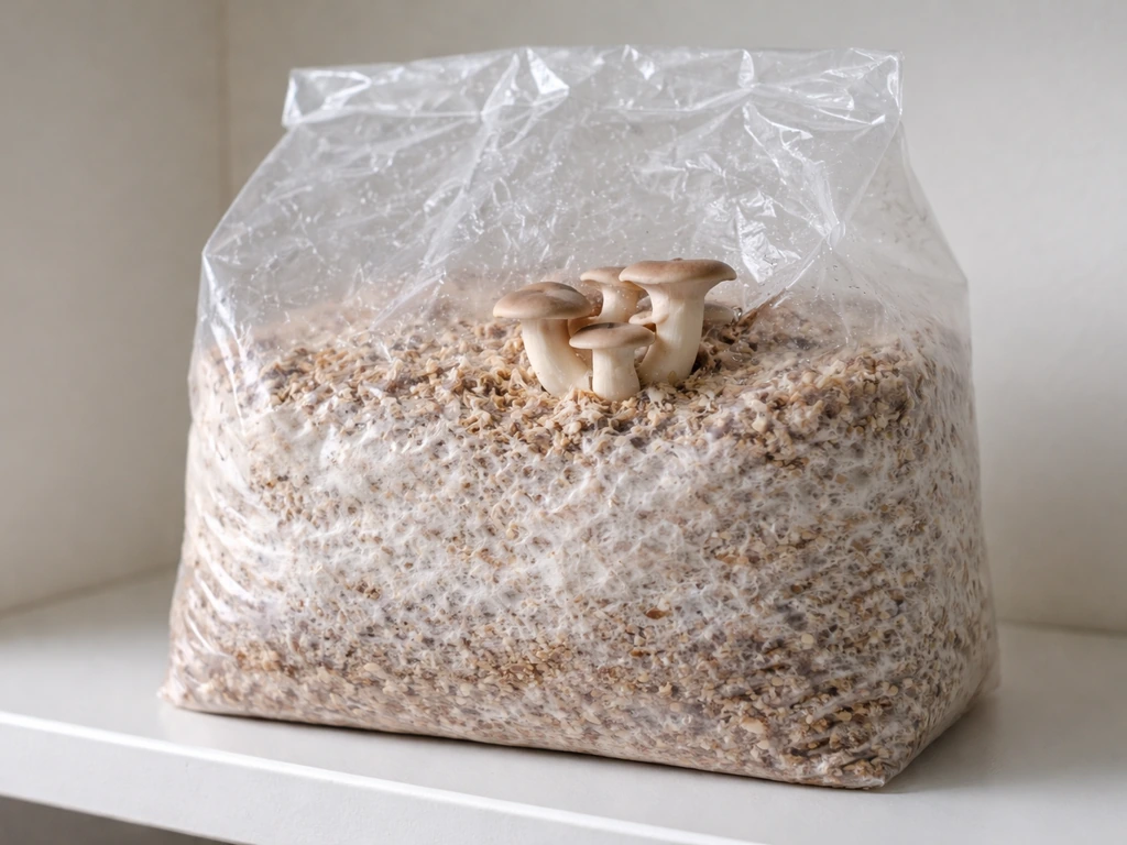 Close-up of mushroom grow bag showing white colonized substrate and a few small fresh mushrooms