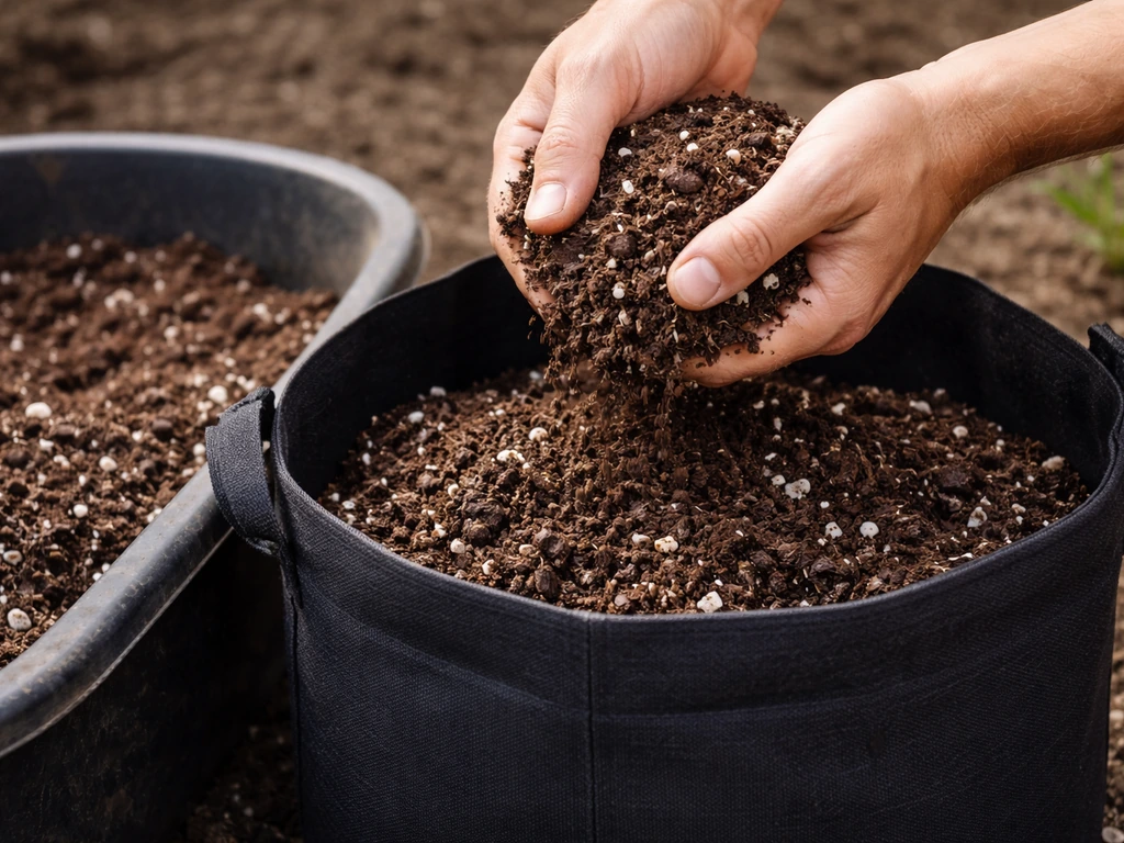 Hands filling a fabric grow bag with airy pre-mixed soil from a tub, garden background blurred.